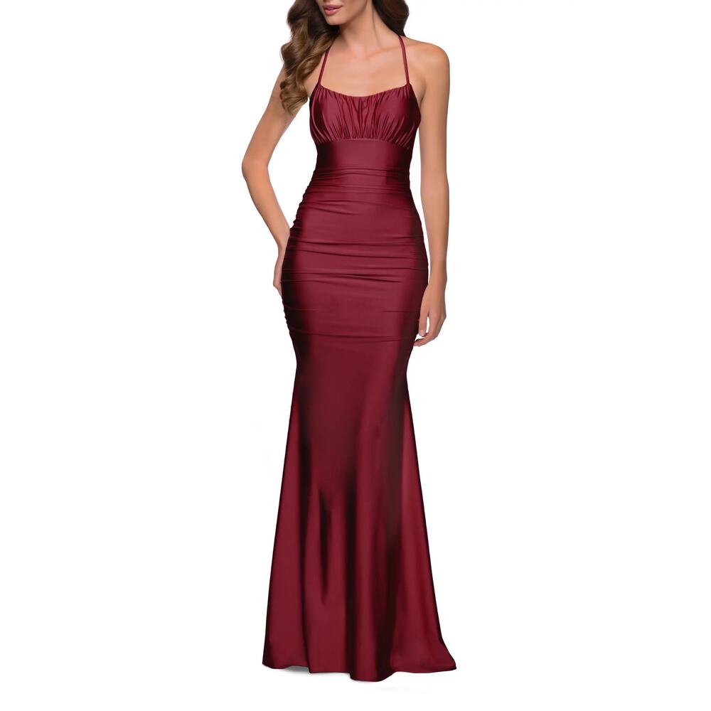 La Femme 29873 Shiny Jersey Trumpet Gown Women Size 8 Burgundy‎ Red EXCELLENT